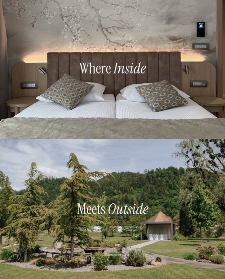 Objava z napisom »Where Inside Meets Outside«: hotelska soba zgoraj, vrt z gozdom spodaj
