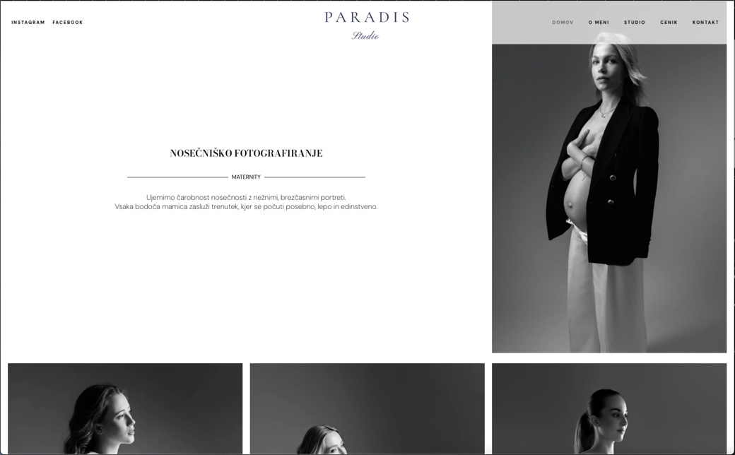 Spletna stran Paradis Studio na zaslonu prenosnika: naslov »Nosečniško fotografiranje« in črno-bel portret
